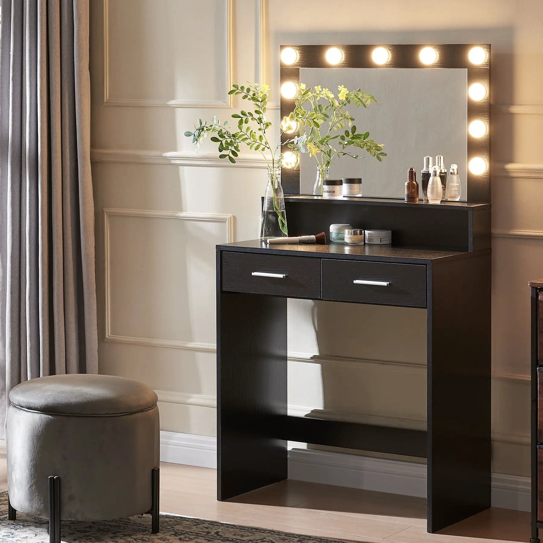 Vanity Desk With Mirror And Lights, Dressing Table With Large Drawer, 2 Level Storage Dresser & 3 Lighting Modes Adjustable Brightness, Suitable For Bedroom by HouseOfZazla
