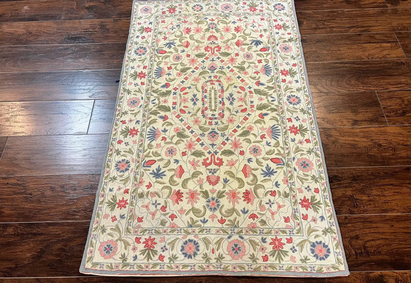 Hand Stitched Indian Rug 4x5, Floral, Vintage Hand Embroidered Rug by Jewel Rugs