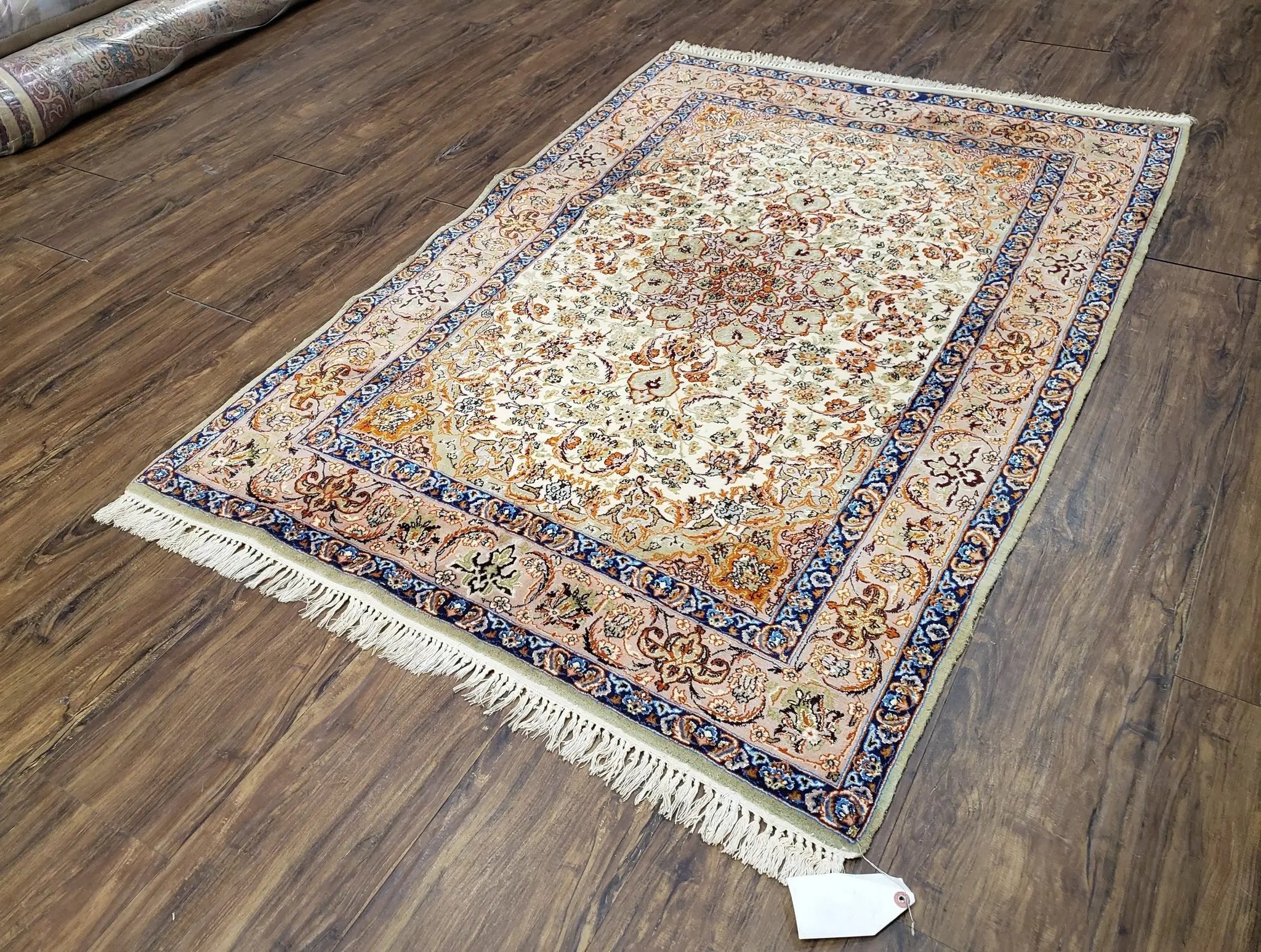 Vintage Persian Isfahan Lachak Toranj Rug, Highly Detailed, Kork Wool on Silk Foundation, Beige and Dark Blue, Hand-Knotted, 3'6" x 5' 4" by Jewel Rugs