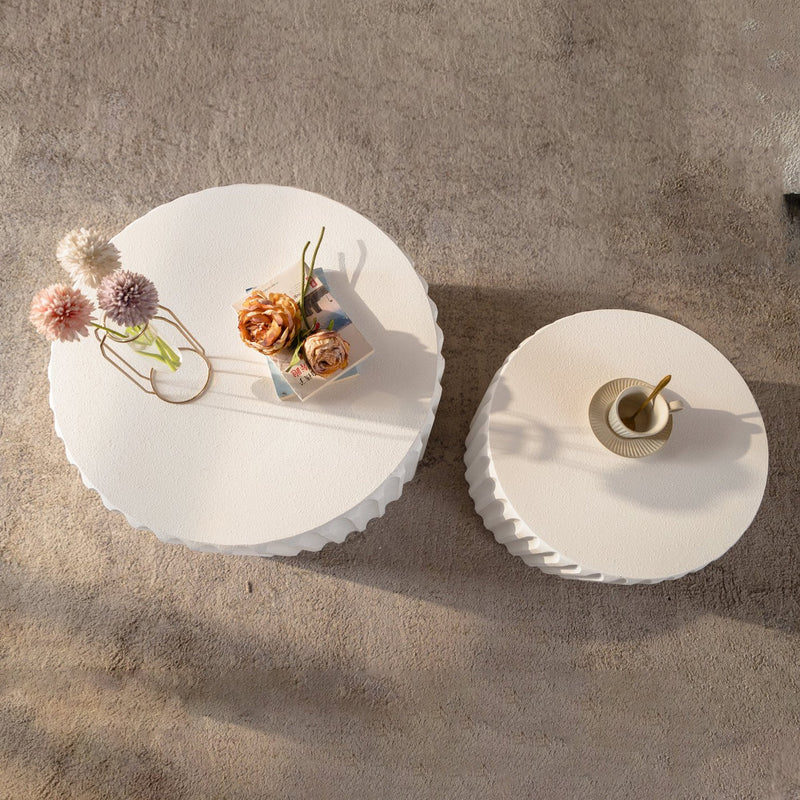 White Scalloped Round Coffee Table Set: Nesting Design, Elegant Curved-Edge Shape by HouseOfZazla