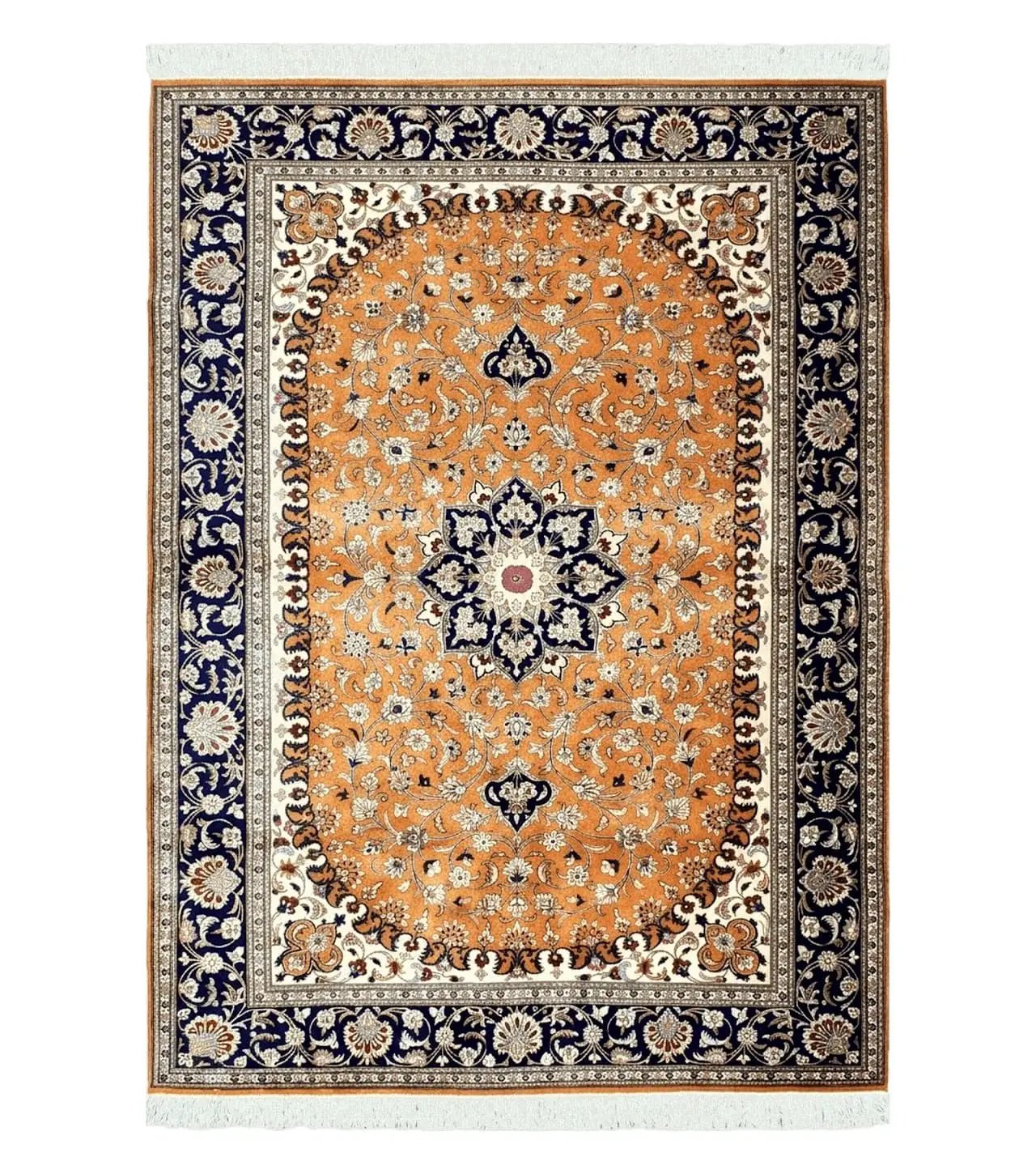 Vintage Persian Qum Silk Rug 4.6 x 6.7, Burnt Orange and Navy Blue, Antique Oriental Very Fine Signature Master Weaver 350+ KPSI Ghom Qom 5x7 Rug by Jewel Rugs