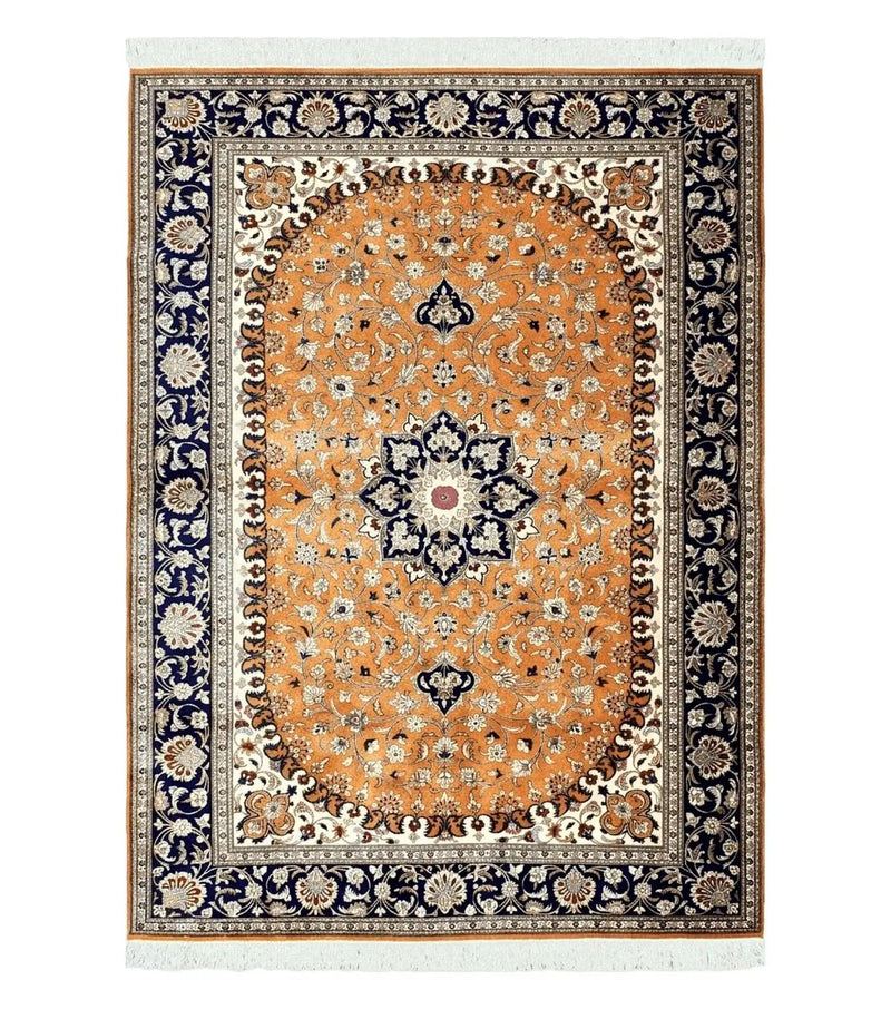 Vintage Persian Qum Silk Rug 4.6 x 6.7, Burnt Orange and Navy Blue, Antique Oriental Very Fine Signature Master Weaver 350+ KPSI Ghom Qom 5x7 Rug by Jewel Rugs
