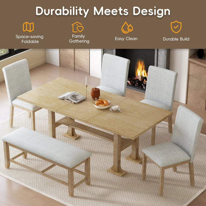 Artisanal 6-Piece Extendable Solid Wood Dining Set with Bench Seating by HouseOfZazla