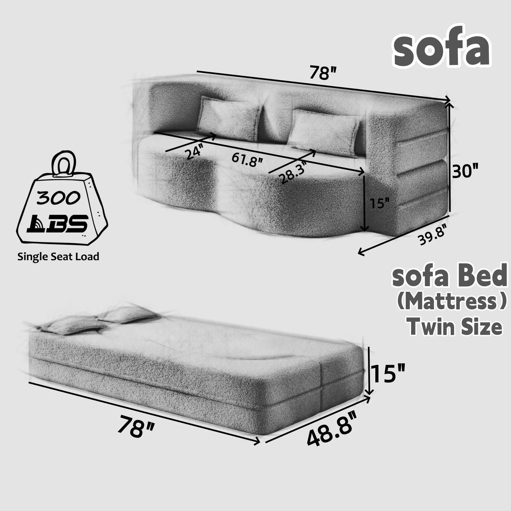 Modern Floor Sofa With 2 Pillows, Convertible Twin Size Folding Mattress For Living Room by HouseOfZazla