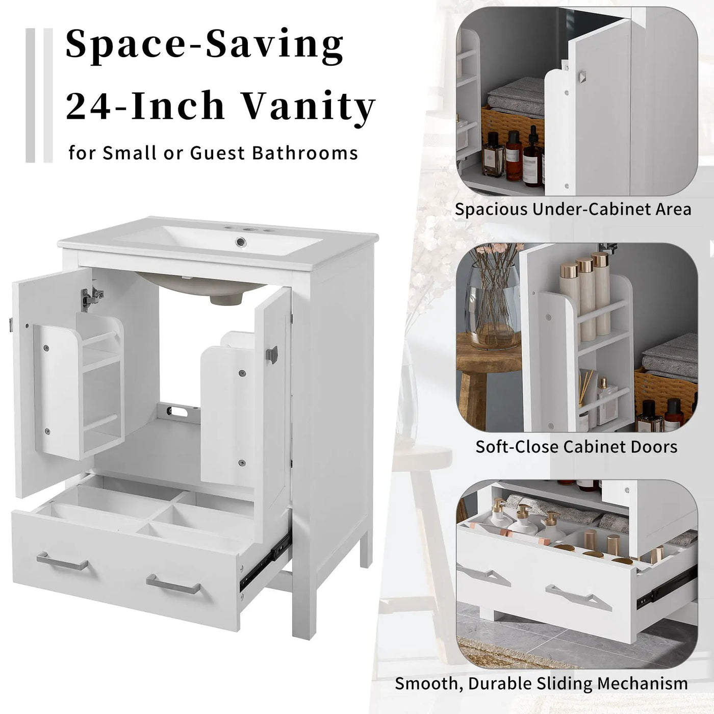 Bathroom Vanity With Integrated Undermount Ceramic Sink, 2 Doors And 1 Drawer, Soft Close Hinges by Unique Piece Furniture