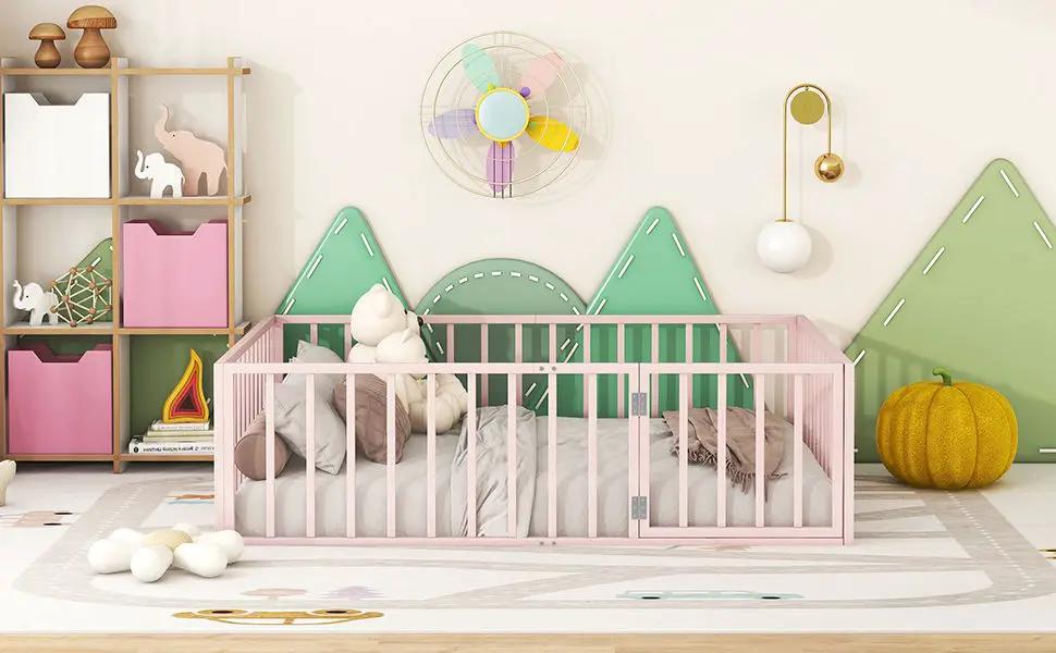 Metal Floor Bed Frame With Fence And Door by HouseOfZazla