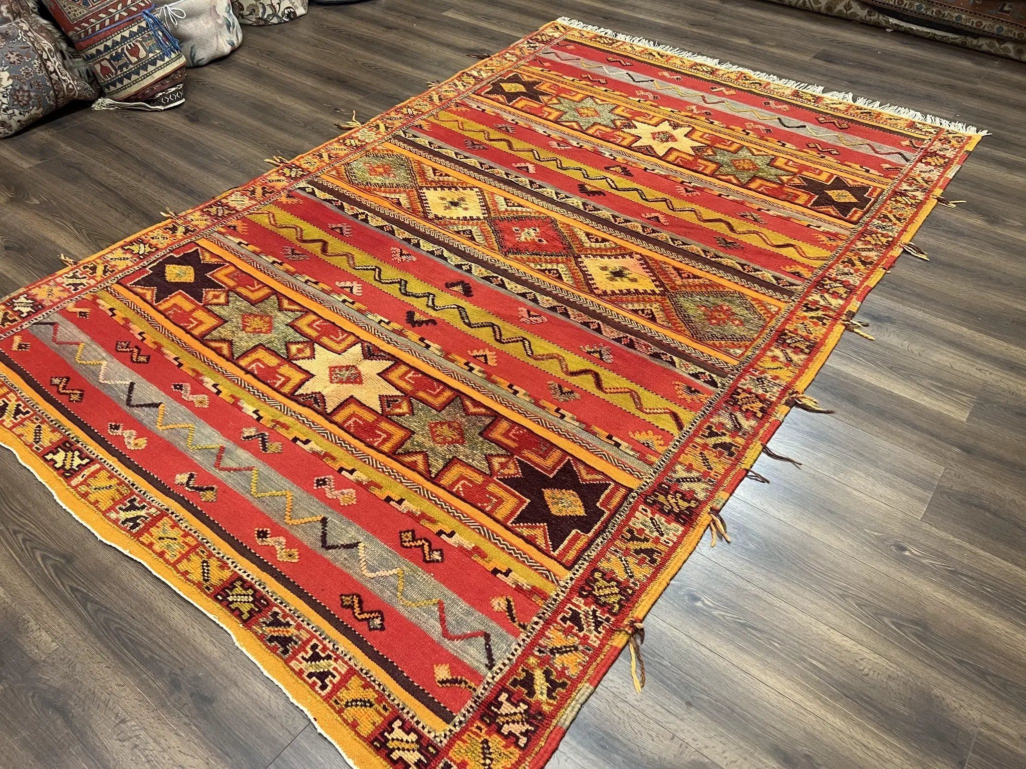 Unique Moroccan Rug 7x10, Room Sized Carpet, Red Orange Gray, Wool Oriental Striped Geometric Tribal Boho Rug, Flatweave with Raised Pile by Jewel Rugs
