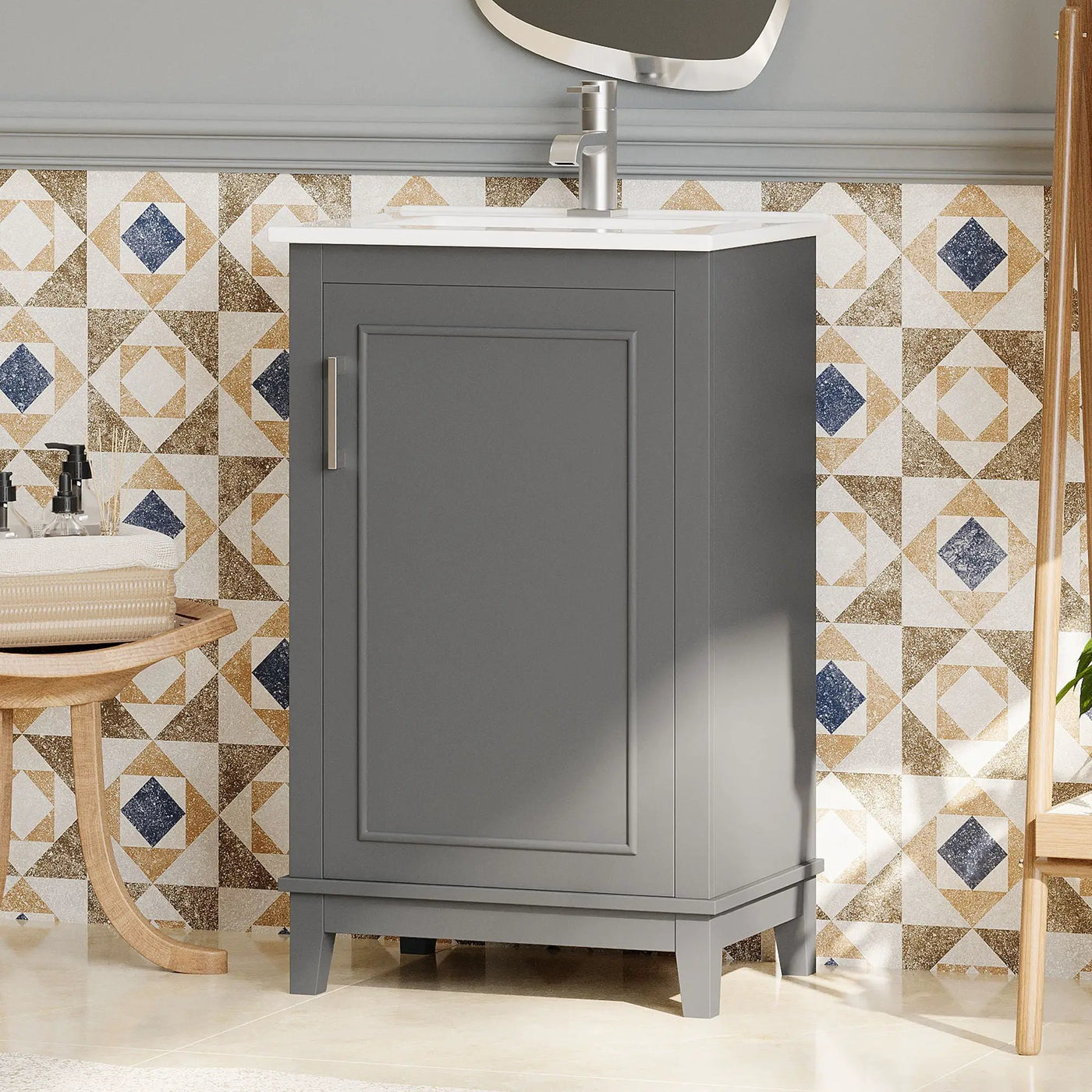 Modern Small Bathroom Vanity Cabinet With Ceramic Basin, Ample Storage, 1 Soft Close Door by Unique Piece Furniture