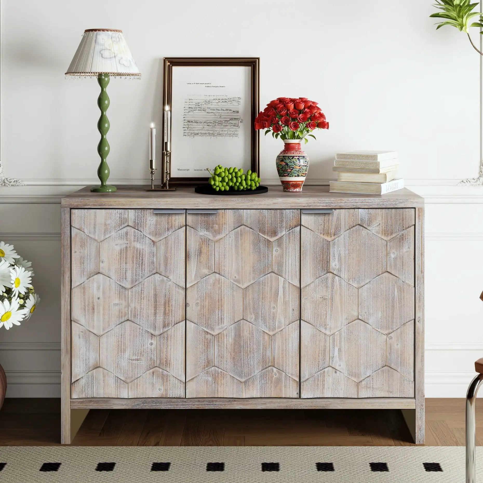 Accent Cabinet Farmhouse Style 3 Door Wooden Cabinet Sideboard Buffet Server Cabinet Storage Cabinet, For Living Room - Natural Wood Wash by HouseOfZazla