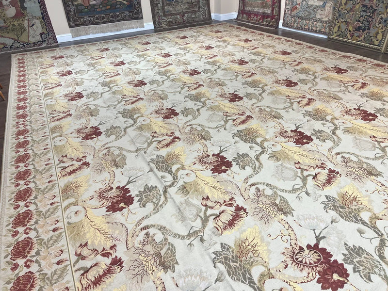 Extra Large Needlepoint Rug 14 x 20, Vintage Handwoven Handmade Wool Flatweave Carpet, Allover Floral Pattern, Elegant European Deisgn Rug by Jewel Rugs