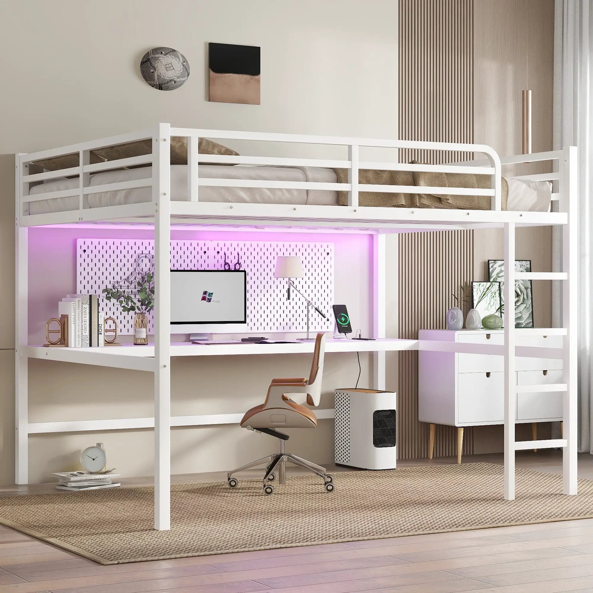 Metal Queen Size Loft Bed with Power Outlet and LED Lighted by HouseOfZazla