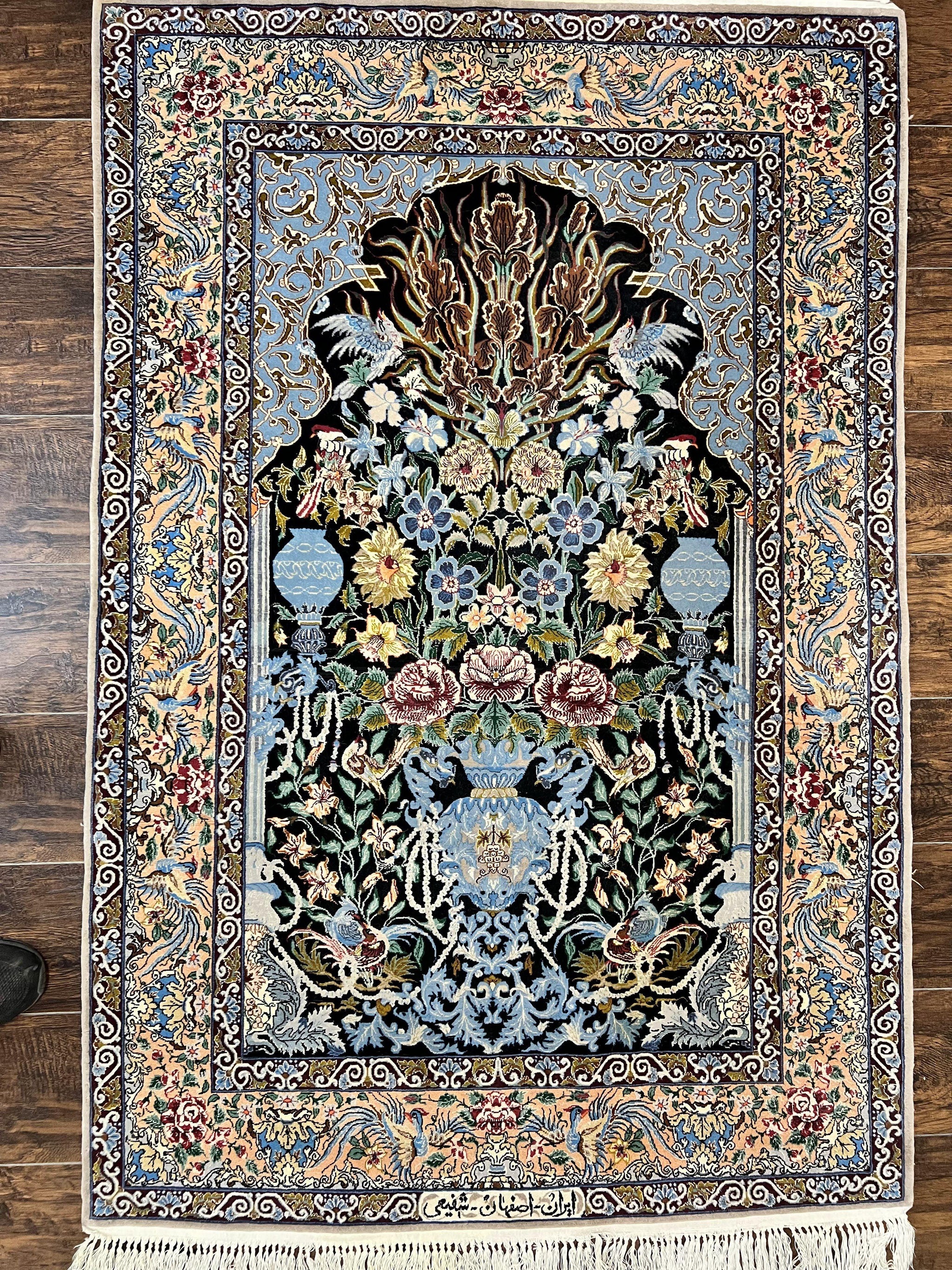 Wonderful Persian Isfahan Rug 3.7 x 5, Kork Wool on Silk Foundation, Very Fine 460 KPSI, Tree of Life Persian Vase Design Animal Pictorials Peacocks by Jewel Rugs