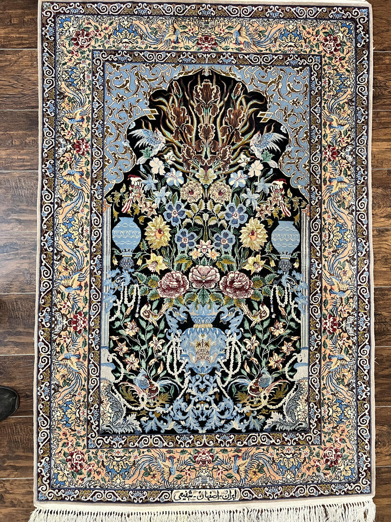 Wonderful Persian Isfahan Rug 3.7 x 5, Kork Wool on Silk Foundation, Very Fine 460 KPSI, Tree of Life Persian Vase Design Animal Pictorials Peacocks by Jewel Rugs