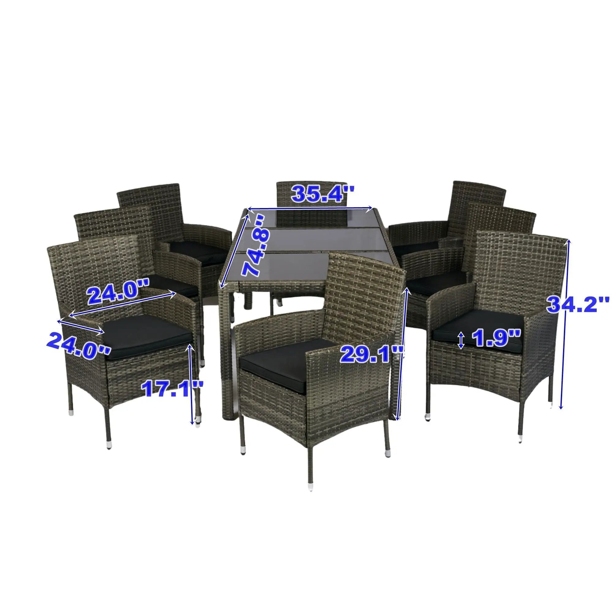 9 Piece Outdoor Patio Wicker Dining Set Patio Wicker Furniture Dining Set Glass Top - Gray / Black by HouseOfZazla