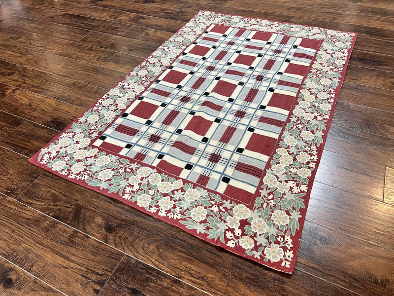 Indian Hand Stitched Rug 4x6, Vintage Carpet, Checkerboard Floral Pattern, Maroon Ivory, Flatweave, Wool by Jewel Rugs