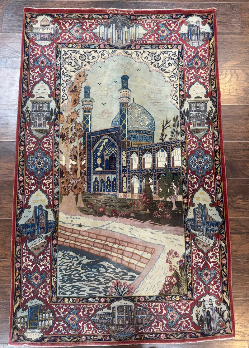Persian Isfahan Pictorial Rug 3.6 x 5.7, Very Fine 400 KPSI, Historical Buildings, Signed By Masterweaver, Handmade by Jewel Rugs