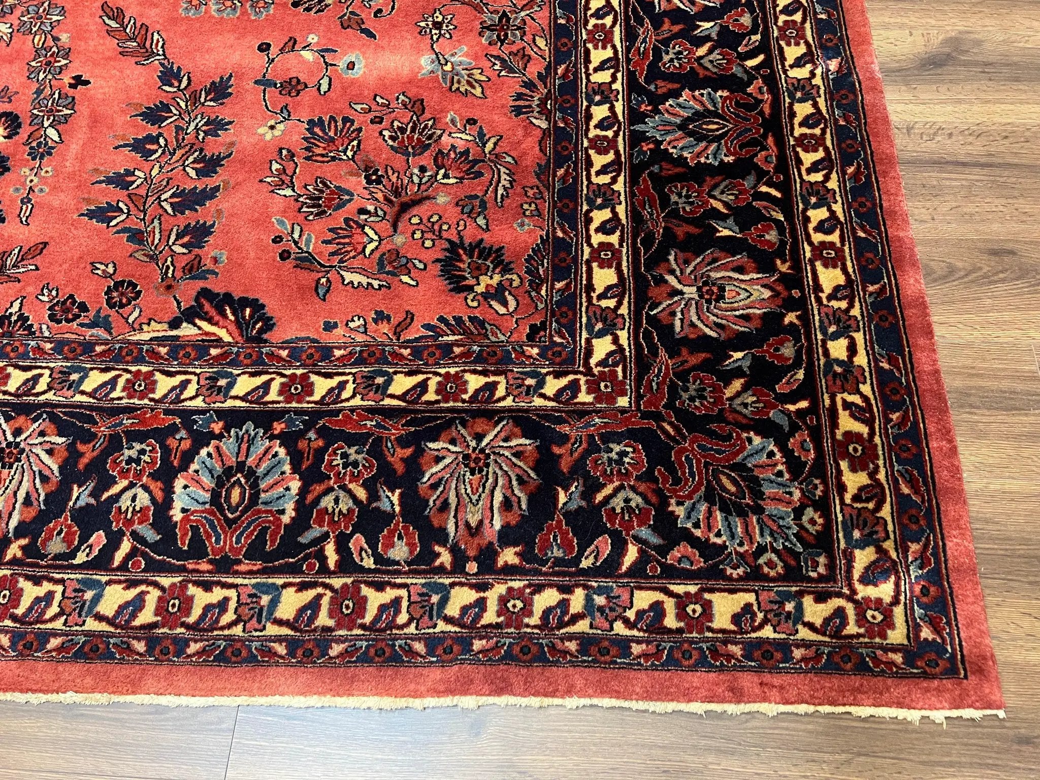 Indo Sarouk Rug 10x14, Vintage Indian Persian Area Rug 10 x 14, Wool Hand-Knotted Oriental Carpet, Red Floral Allover Large Rug, Beautiful by Jewel Rugs
