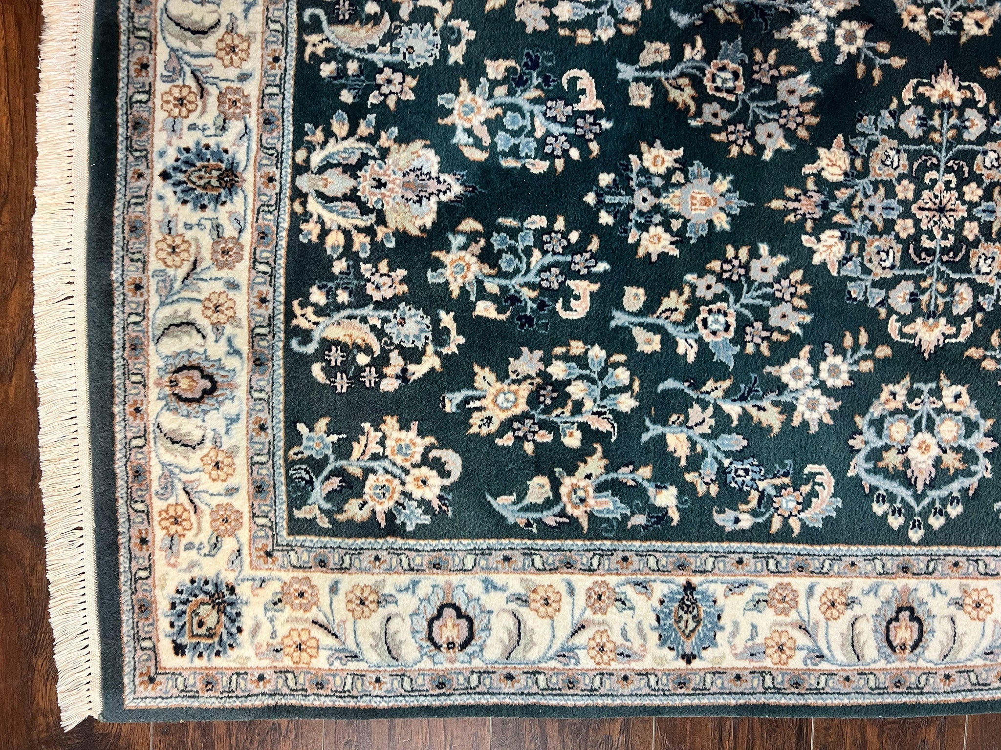 Green Indo Persian Rug 4x6, Floral Allover, Handmade Vintage Oriental Carpet, Sarouk Rug, Wool by Jewel Rugs
