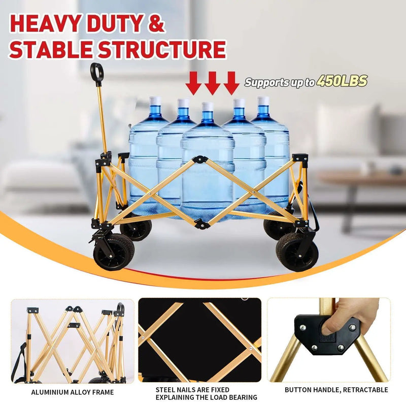 Aluminum Alloy Folding Wagon, Heavy Duty Utility Beach Wagon Cart For Sand With Big Wheels, Adjustable Handle & Drink Holders For Shopping, Camping, Garden And Outdoor by HouseOfZazla
