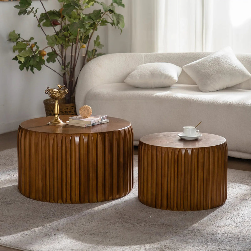 Set of 2 Fluted Round Coffee Tables - Mid-Century Modern Wood by HouseOfZazla
