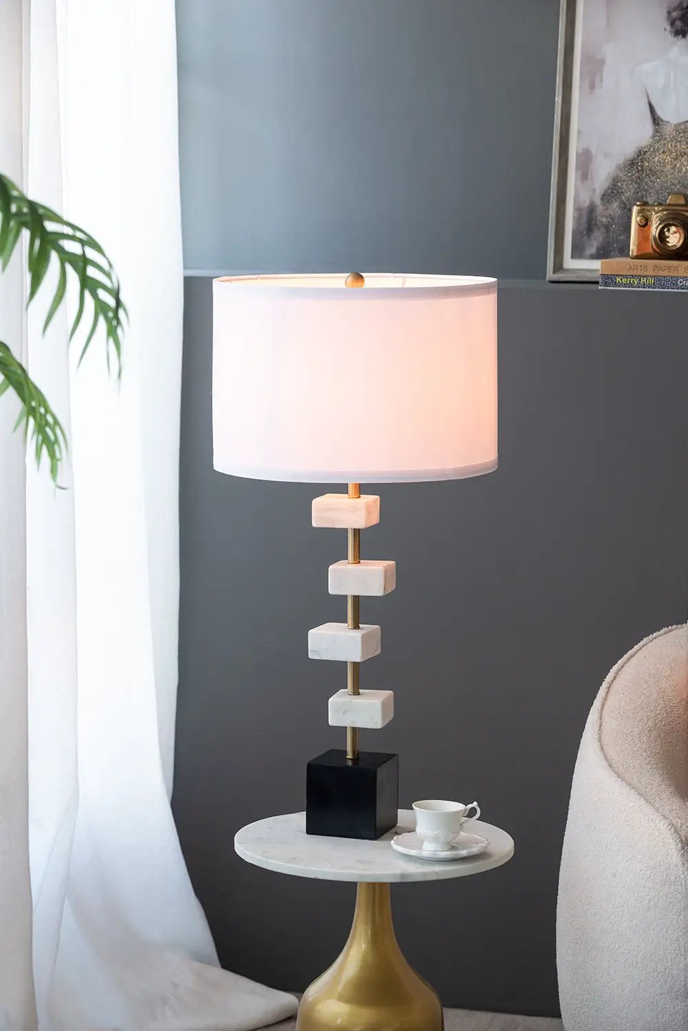 D15x30' Table Lamp with White Marble and Brass Frame by HouseOfZazla