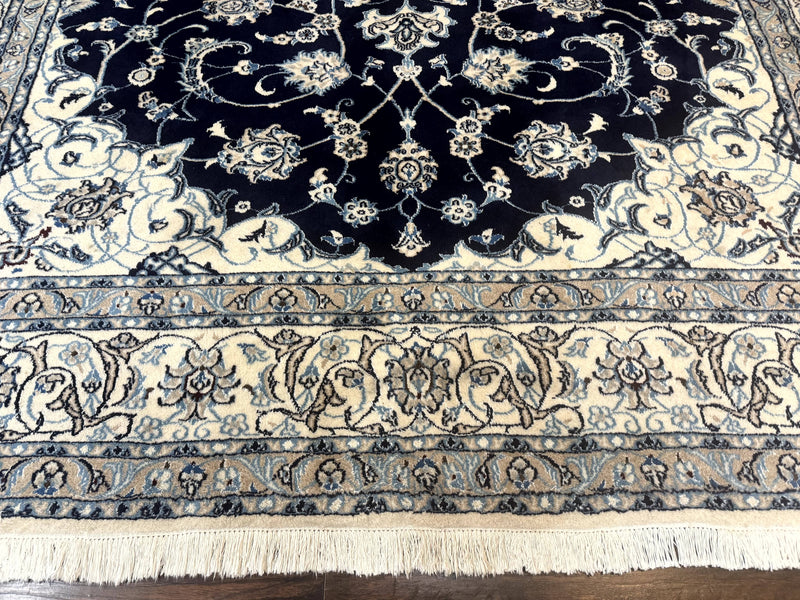Persian Nain Rug 8x11, Navy Blue and Ivory, Handmade Wool Vintage Carpet, Floral Medallion by Jewel Rugs