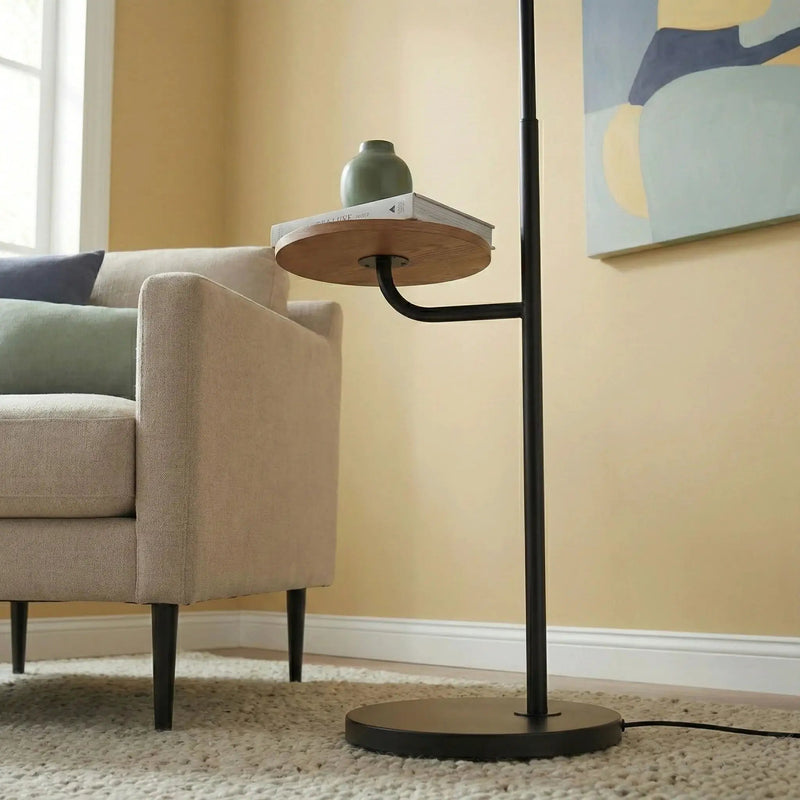 Seoul - Floor Lamp With Rotary Switch Wood Table Base - Black / White by Unique Piece Furniture