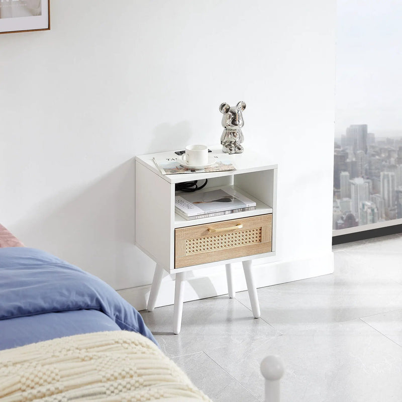 15.75" Rattan End Table With Power Outlet & USB Ports, Modern Nightstand With Drawer And Solid Wood Legs, Side Table For Living Room, Bedroom by HouseOfZazla
