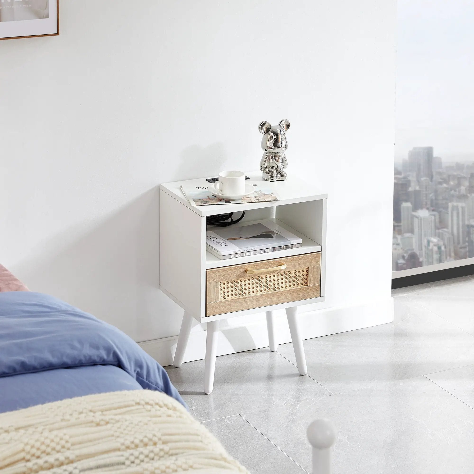 15.75" Rattan End Table With Power Outlet & USB Ports, Modern Nightstand With Drawer And Solid Wood Legs, Side Table For Living Room, Bedroom by Unique Piece Furniture