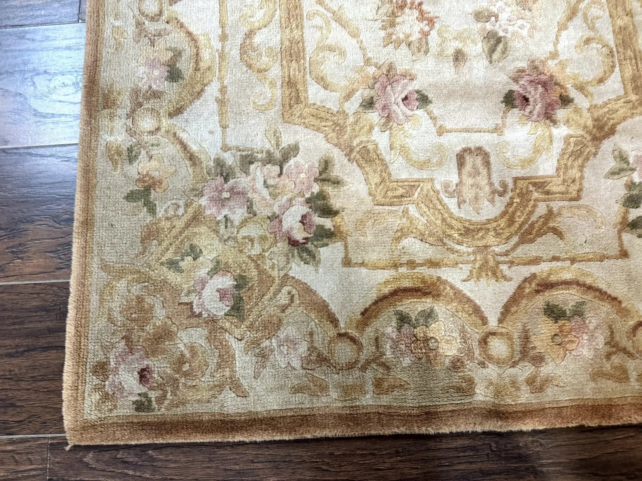 Chinese Aubusson Rug 3.6 x 5, Beige and Gold, Handmade Vintage Elegant European Design Carpet, Plush Wool, Handmade by Jewel Rugs