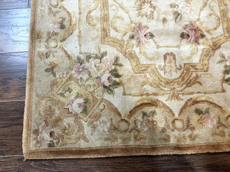Chinese Aubusson Rug 3.6 x 5, Beige and Gold, Handmade Vintage Elegant European Design Carpet, Plush Wool, Handmade by Jewel Rugs