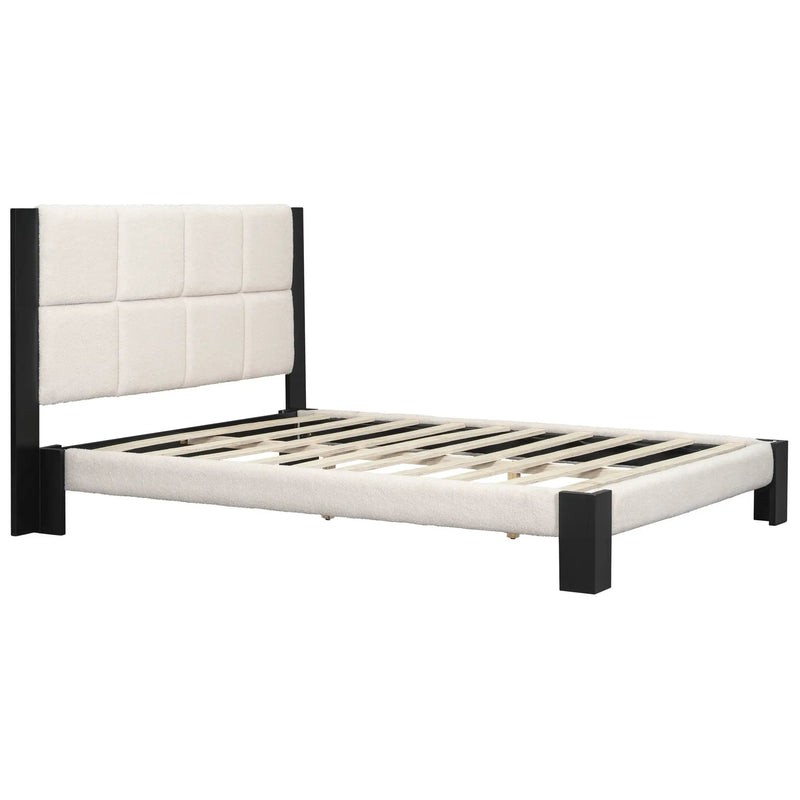 Boucle Queen Bed Frame With Square-Stitched Headboard by HouseOfZazla