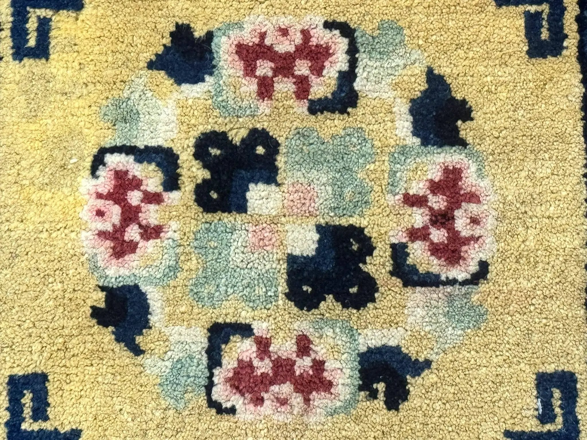 Antique Small Chiense Square Rug 2x2 ft, Wool Chinese Rug by Jewel Rugs