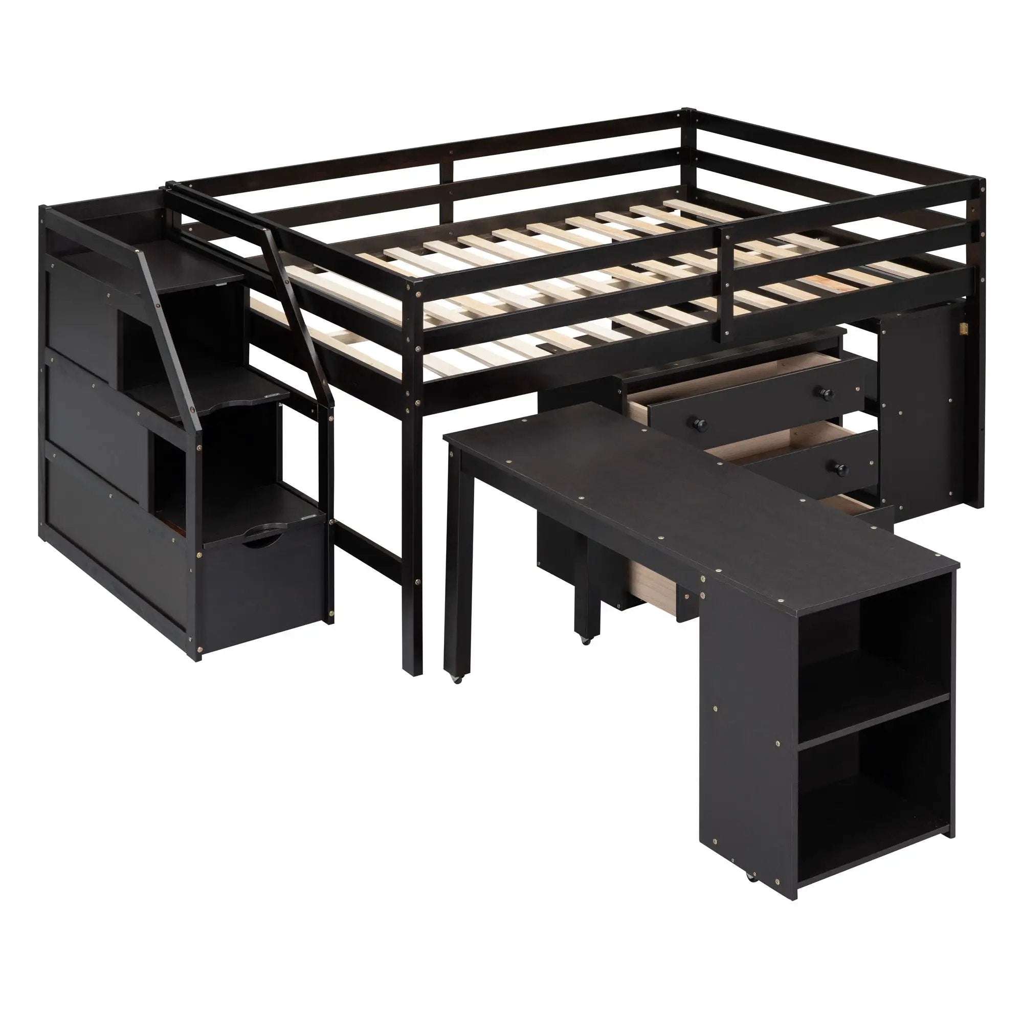 Loft Bed With Retractable Writing Desk And 3 Drawers With Storage Stairs And Shelves by HouseOfZazla