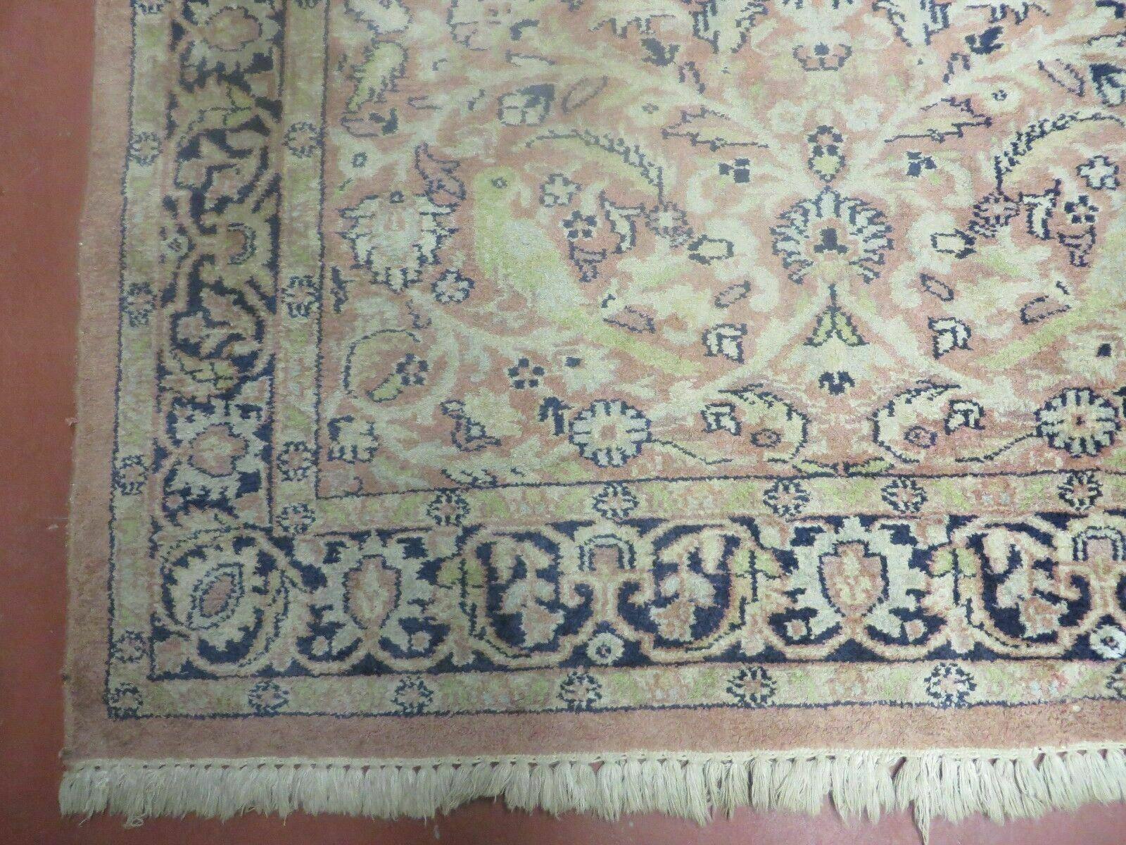 Indian Silk Rug 4x6, Indian Kashmiri Silk Carpet 4 x 6 ft, Vintage Hand Knotted Floral Bird Motifs, Light Pink and Navy Blue, Silk on Cotton by Jewel Rugs