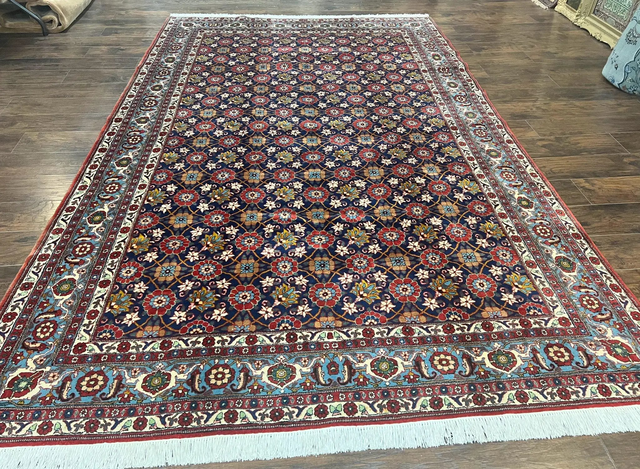Persian Veramin Rug 7x11, Repeated Allover Pattern, Handmade Vintage Carpet, Navy Blue by Jewel Rugs