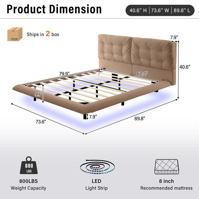 Queen Size Upholstered Floating Bed Frame with LED Lights, Khaki by HouseOfZazla