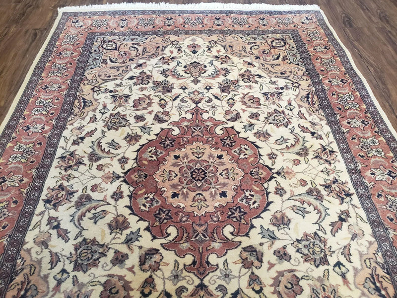 4x6 Handmade Top Quality Pakistani Floral Wool Rug Veg Dyes Carpet Beige Salmon by Jewel Rugs