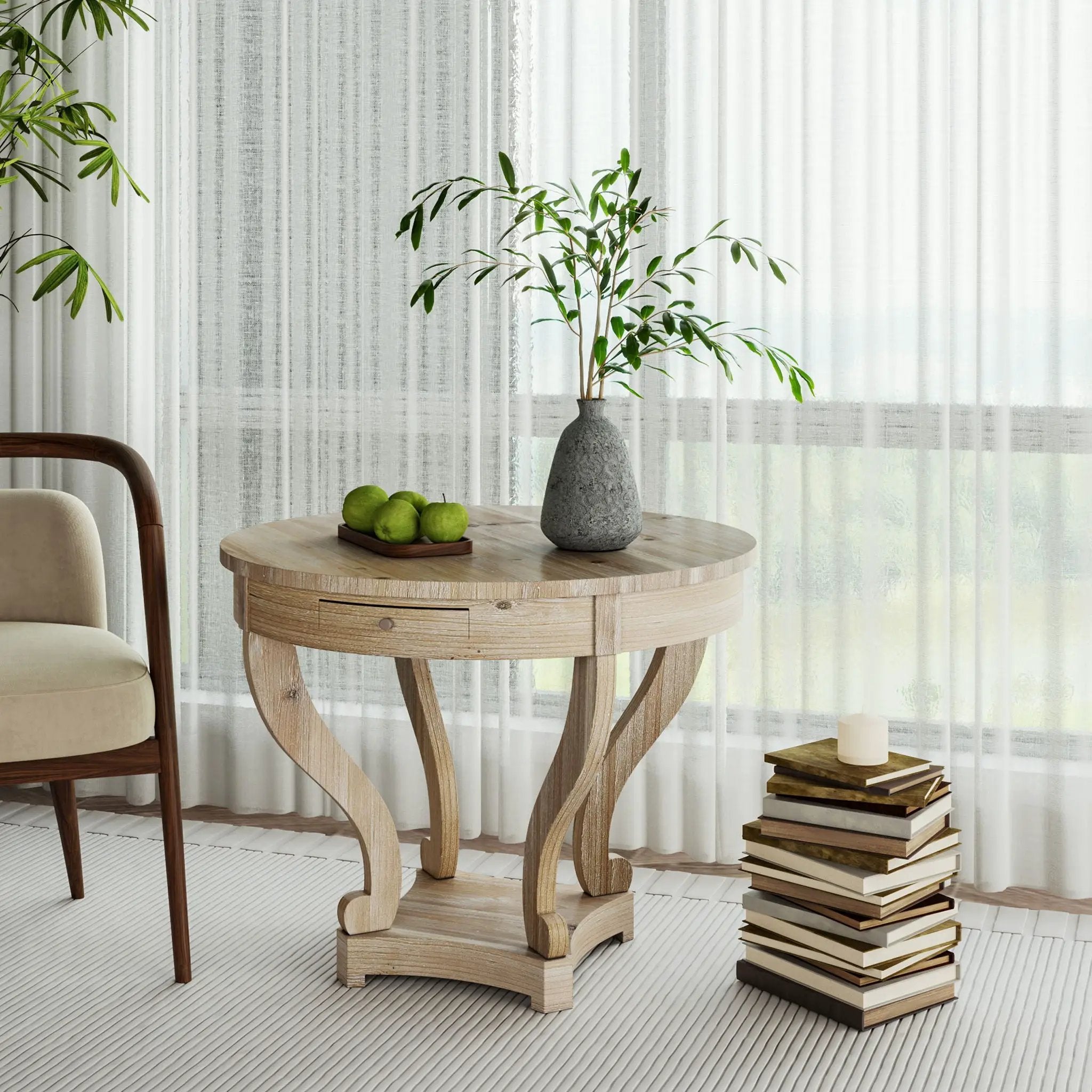 Curved Legs Farmhouse Style Small Size Round Dining Table End Table Side Table Coffee Table For Dinette, Kitchen, Dining Room Or Living Room - Natural Wood Grain Distressed by Unique Piece Furniture