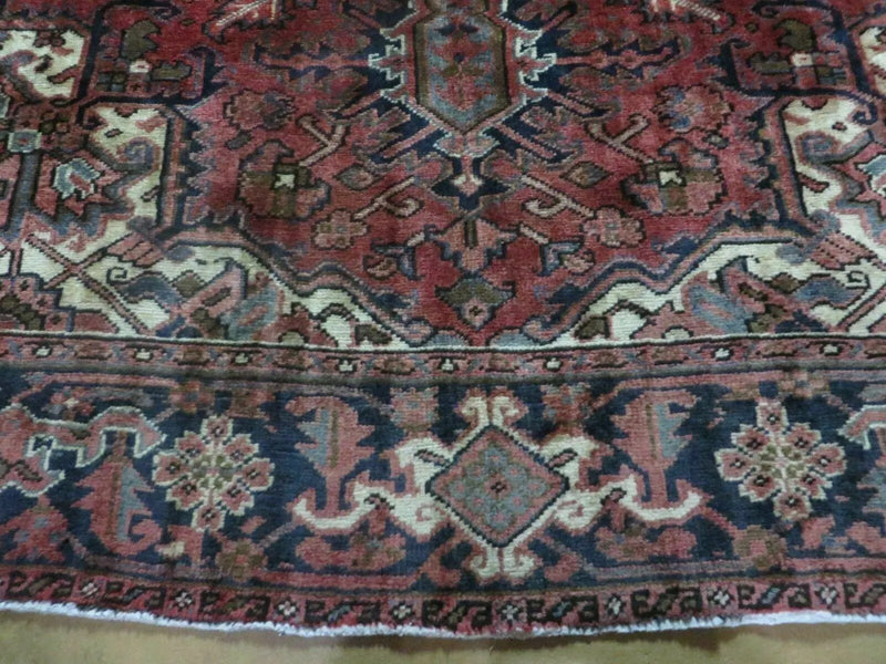 Persian Rug 8x11 Room Sized Heriz Carpet, Hand Knotted Wool Rug, Vintage Semi Antique, Geometric Medallion, Wine Red Cream Dark Blue, Wow by Jewel Rugs