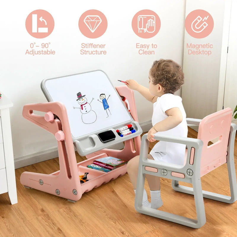 2 in 1 Kids Easel Table and Chair Set with Adjustable Art Painting Board by DirectDeals