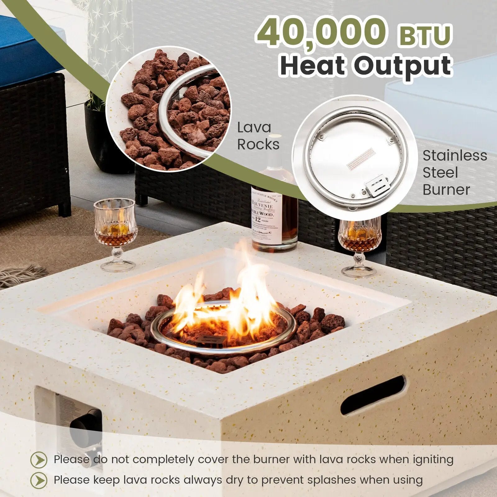 28 Inch 40000 BTU Square Propane Gas Fire Pit with PVC Cover-White by DirectDeals