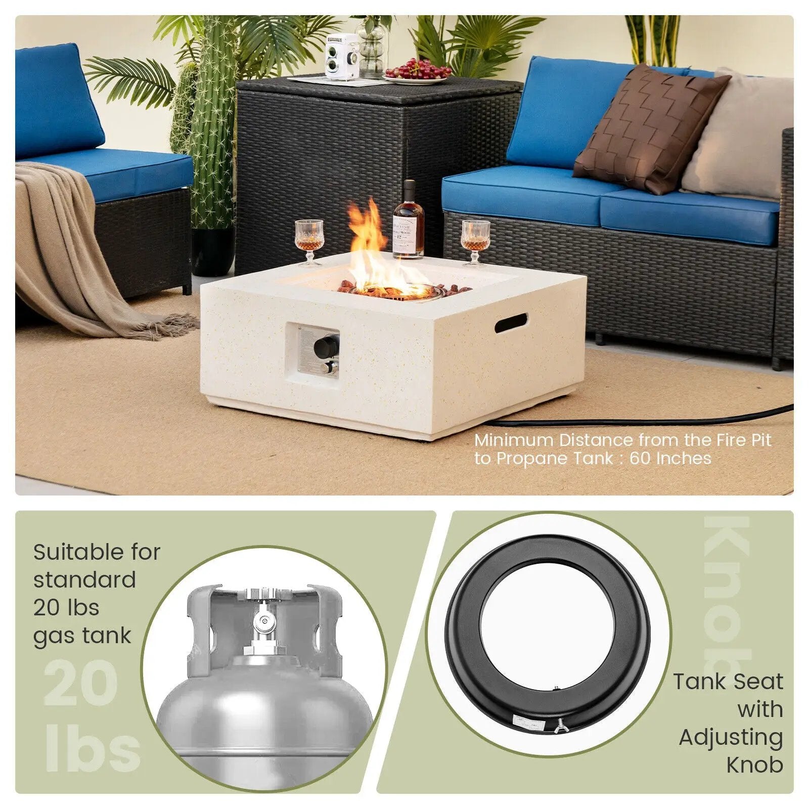 28 Inch 40000 BTU Square Propane Gas Fire Pit with PVC Cover-White by DirectDeals