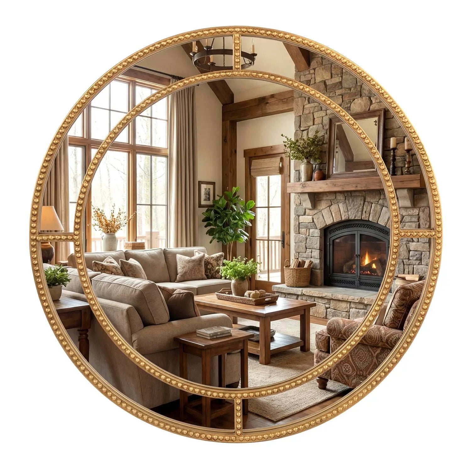 28 Inch Gold Round Wall Mirror with Beaded Frame for Living Room Entryway-Golden by DirectDeals