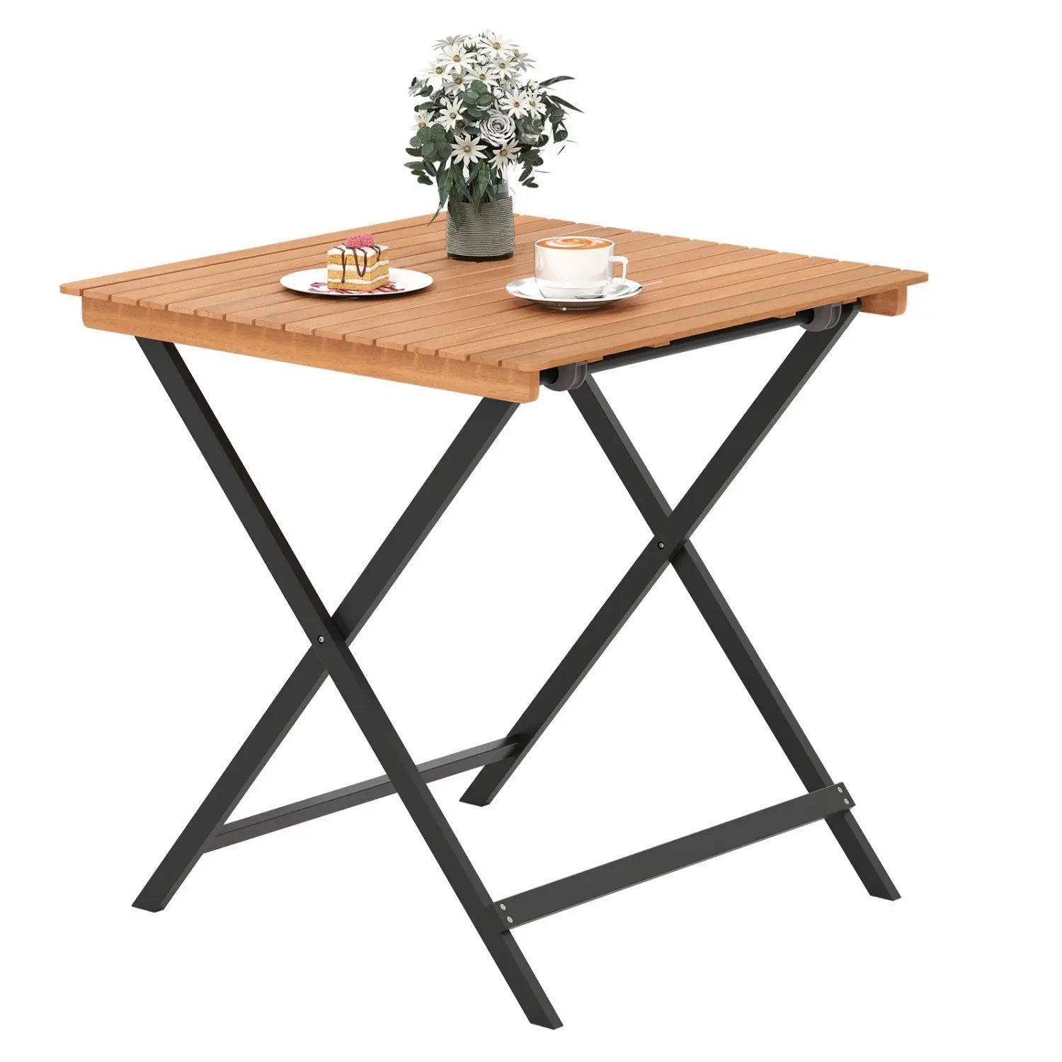 28 Inch Patio Folding Square Table with Slatted Tabletop for Backyard Porch by DirectDeals