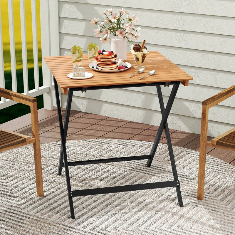 28 Inch Patio Folding Square Table with Slatted Tabletop for Backyard Porch by DirectDeals