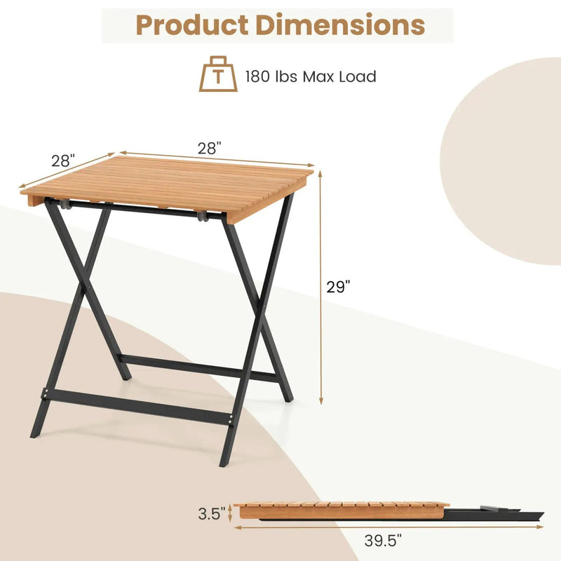 28 Inch Patio Folding Square Table with Slatted Tabletop for Backyard Porch by DirectDeals