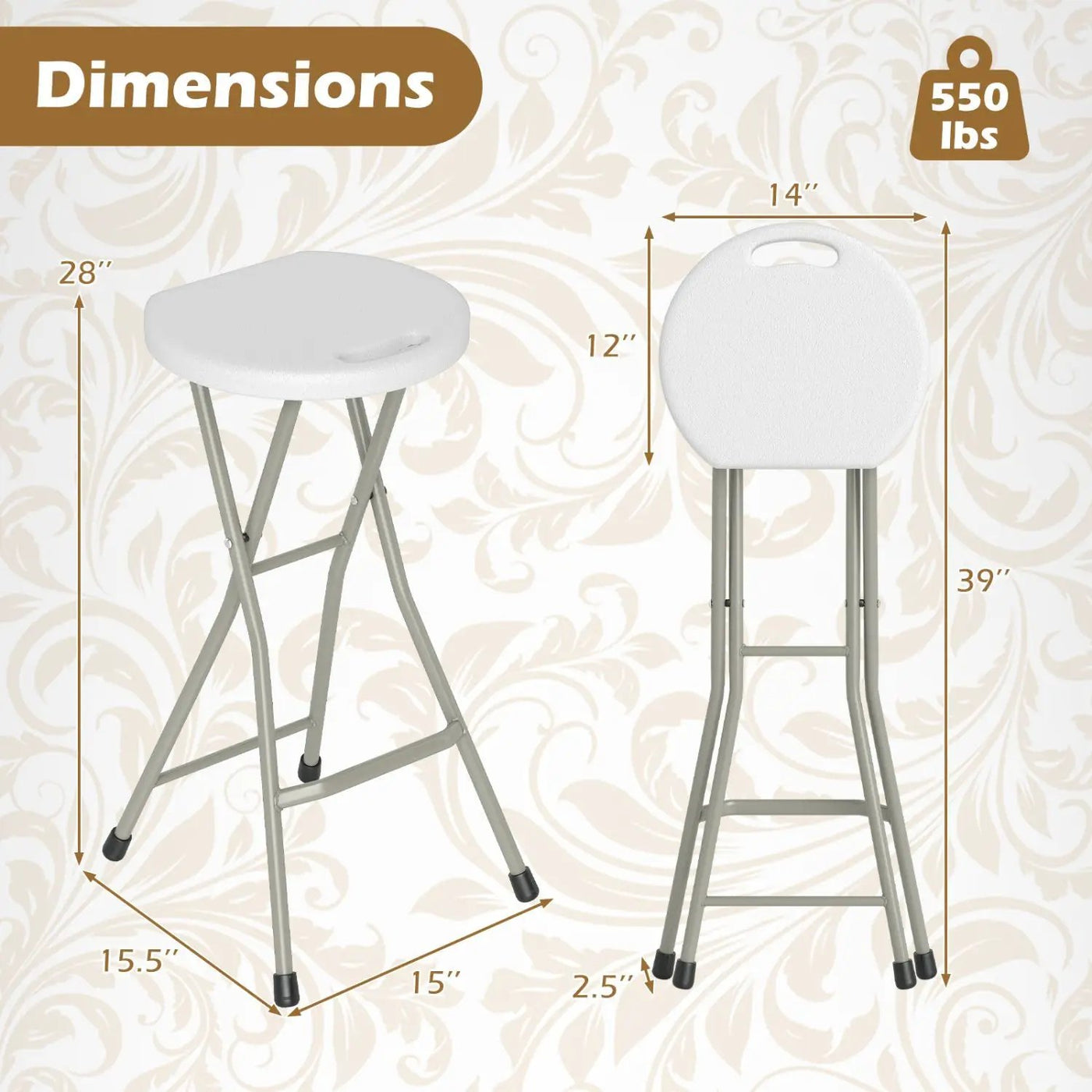 Folding Patio Dining Chairs 28" - Set of 2, 330 lbs Capacity by DirectDeals