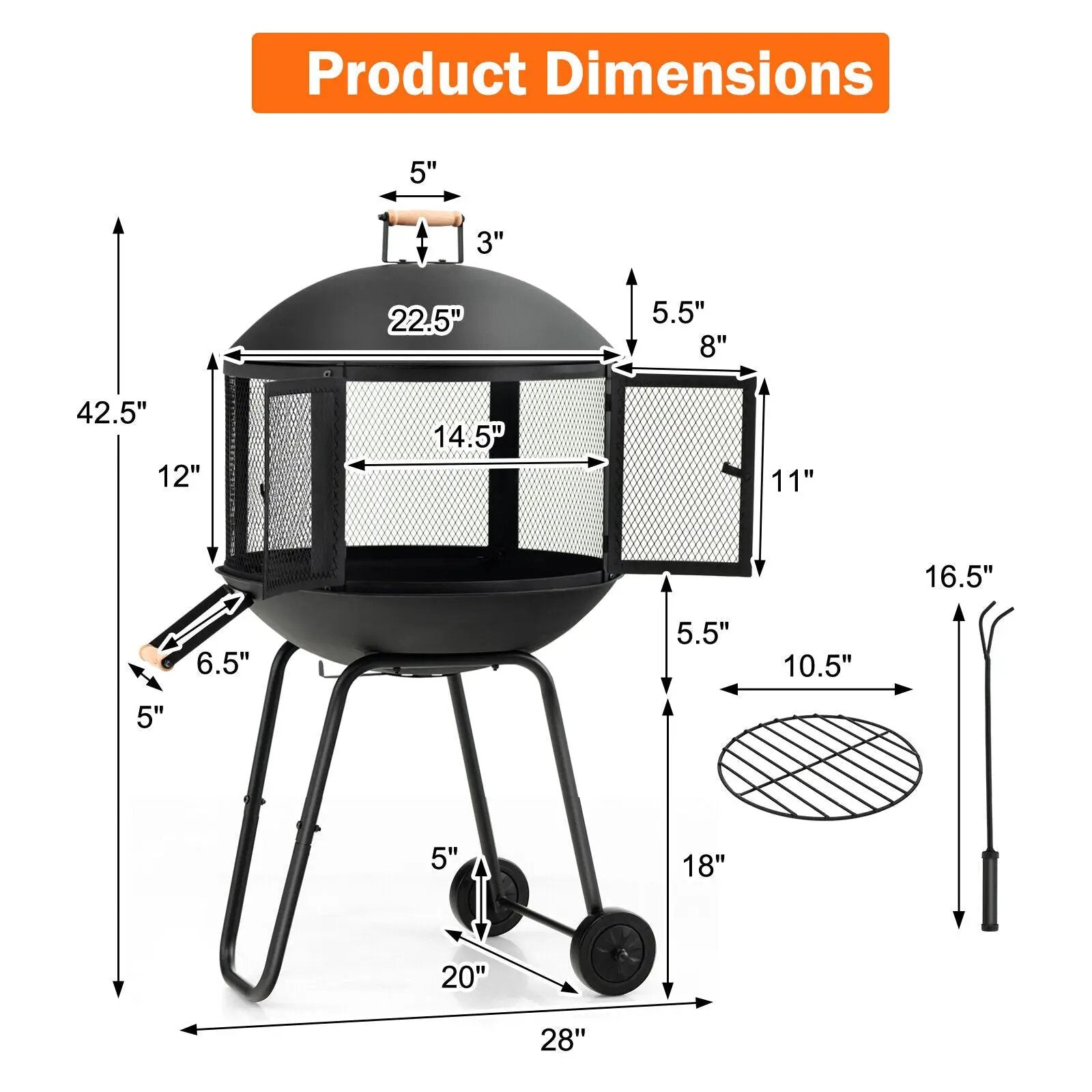 28 Inch Portable Fire Pit on Wheels with Log Grate-Black by DirectDeals
