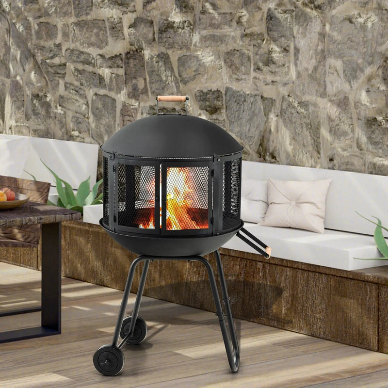 28 Inch Portable Fire Pit on Wheels with Log Grate-Black by DirectDeals